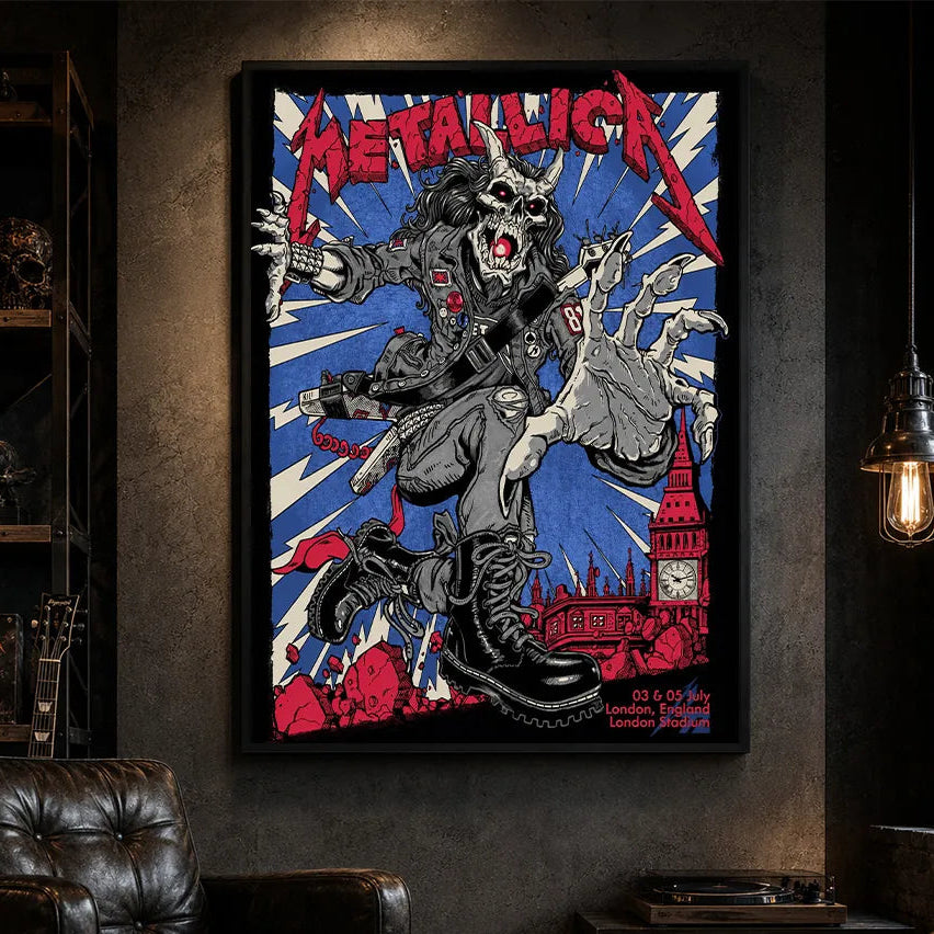 Metallica M72 World Tour July 3 and 5 2026 London England London Stadium poster canvas featuring Demon Punk Artwork by Puis Calzada with a horned demon in punk clothing, lightning, London's skyline, iconic clock tower, and heavy metal artwork